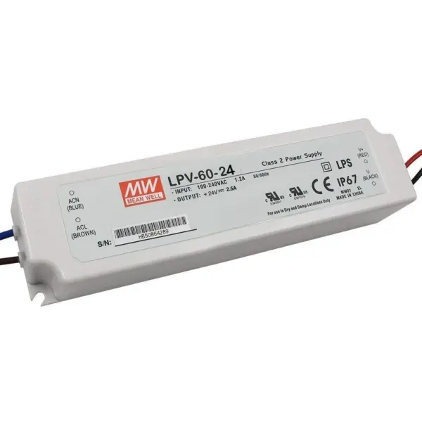 НАПОЈУВАЊЕ LPV-60-24,24V DC,2,5A, 162X42,5X32(LxWxH)mm,MEAN WELL
