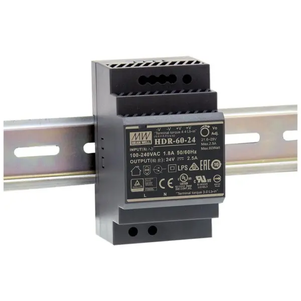 НАПОЈУВАЊЕ HDR-60-12,12V DC, 5A, 52,5X90X54,5(LxWxH)mm,DIN ШИНА,MEAN WELL