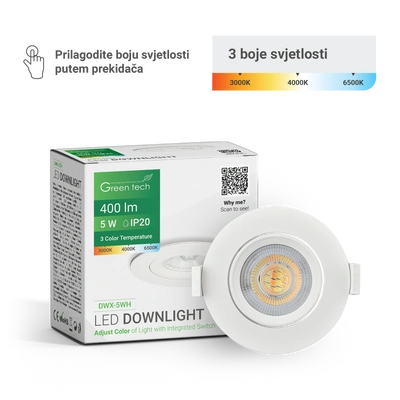 ВГРАДНА LED СВЕТИЛКА БЕЛА 5W 400LM 3CCT DWX-5WH GREEN TECH